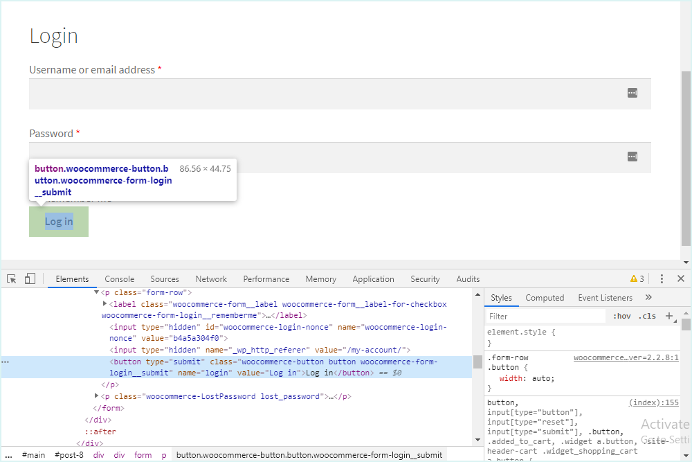 3.9 Lastly, we need to locate the login button. Inspect the ‘Log in’ button